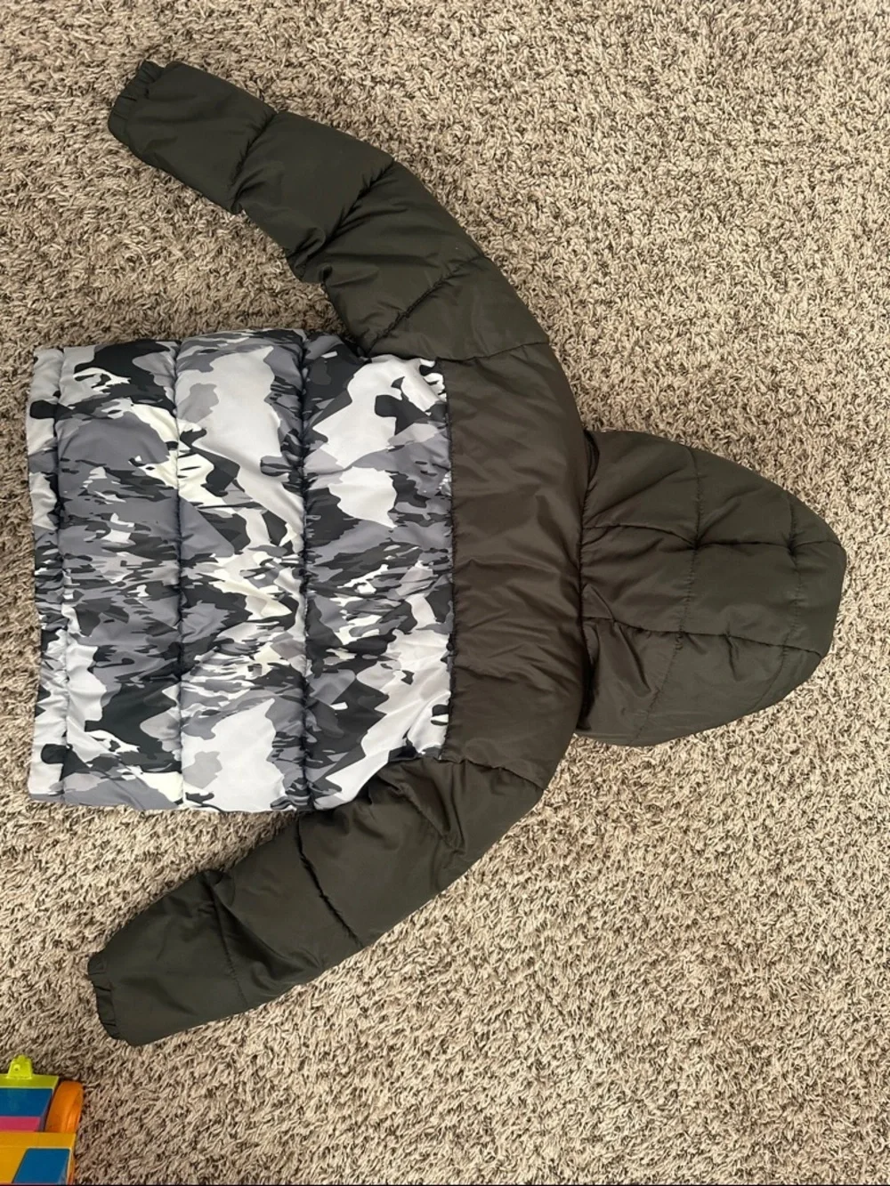 Old Navy Olive & Yellow Hooded Puffer with Gray Camo
